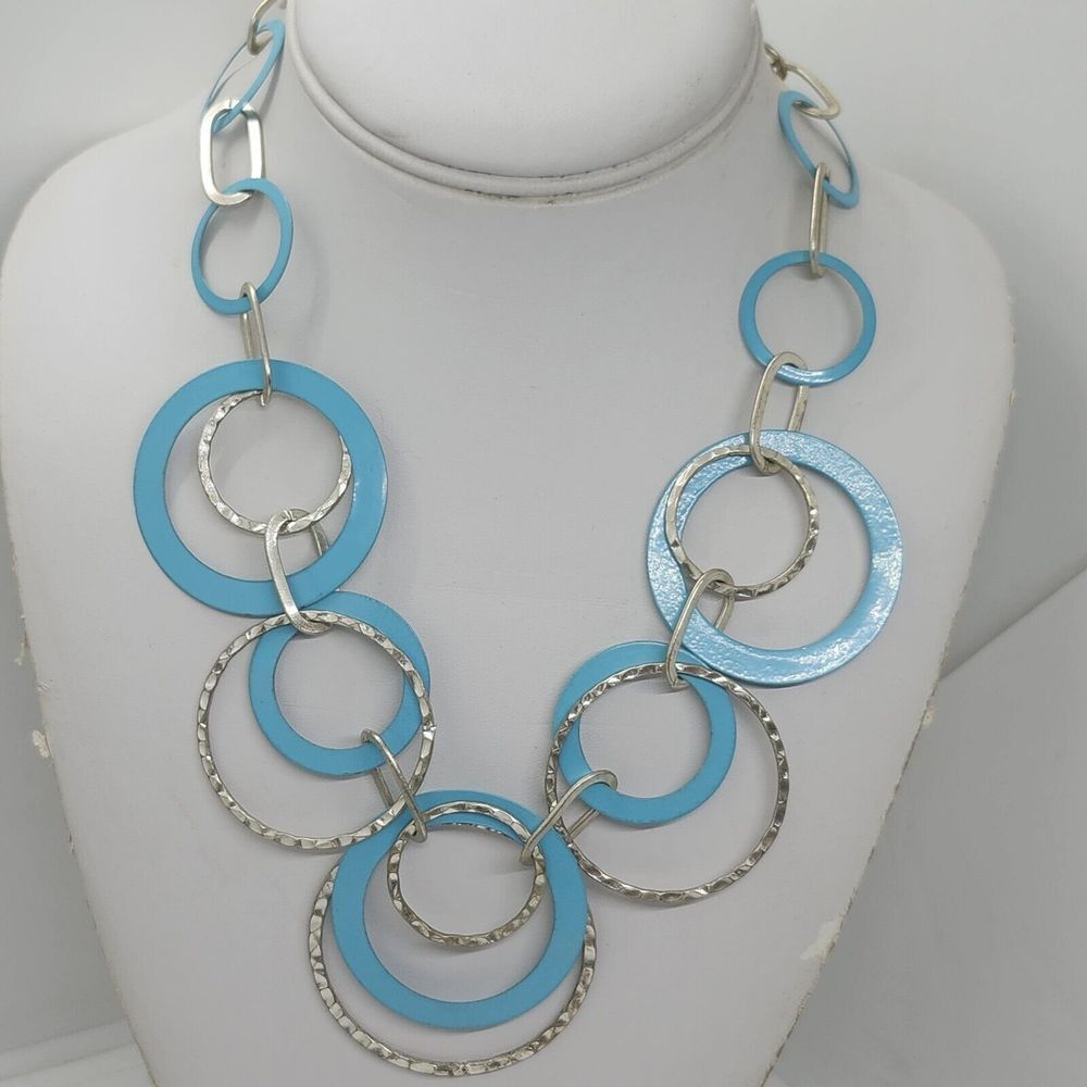 Blue And Silver Tone Metal Hoop Necklace
